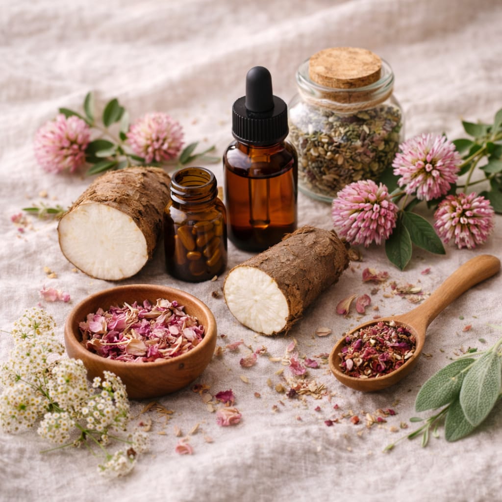 our meticulously chosen assortment of tea blends, dried flowers, and tinctures, crafted to enhance women's health and overall well-being available from Flowers from my Meadow
