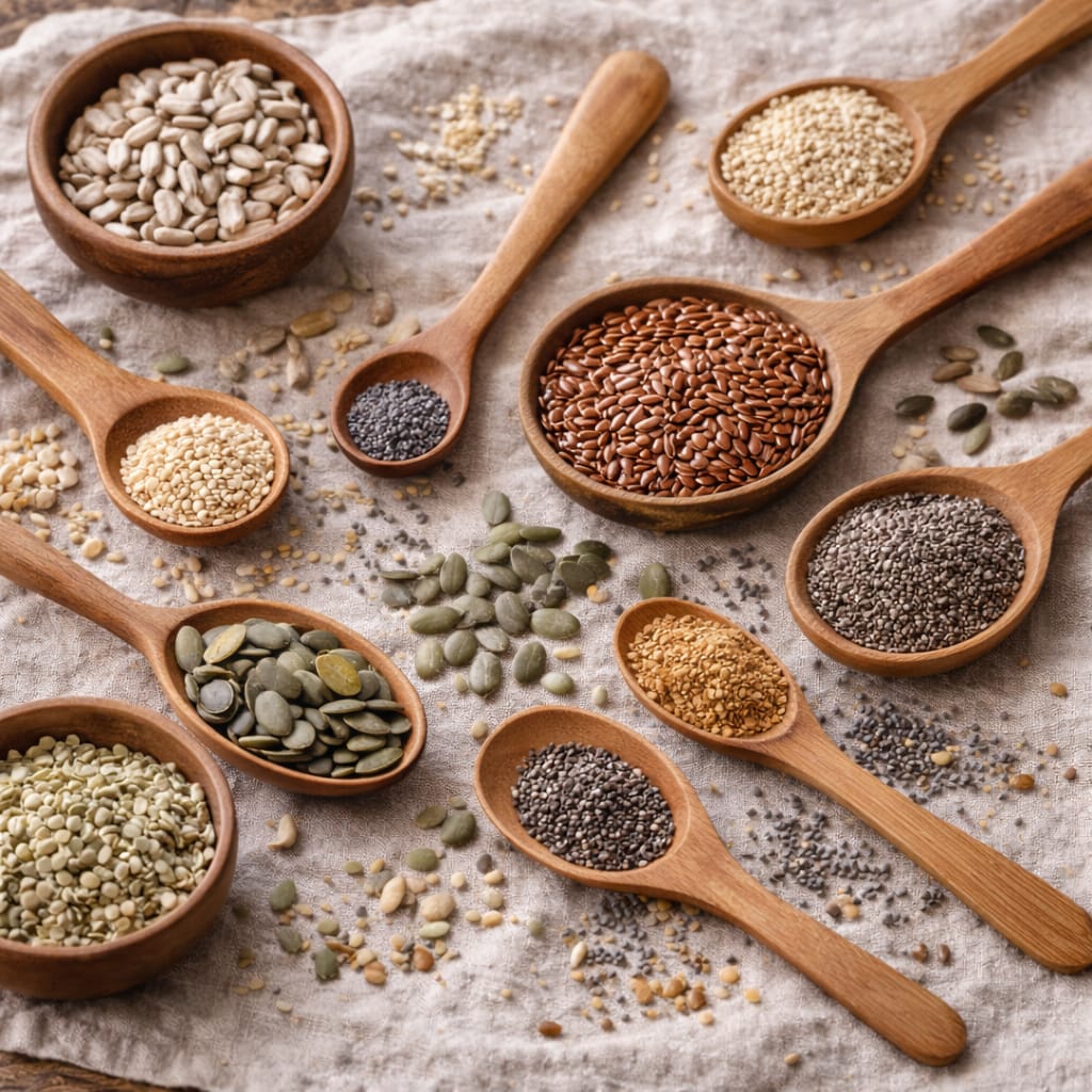 a table featuring a variety of nutrient-rich seeds perfect for cooking, baking, and enhancing your health available from Flowers from my Meadow