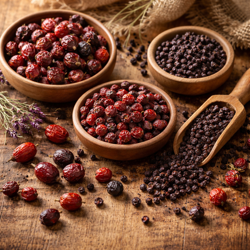 wooden bowls with a variety of dried berries