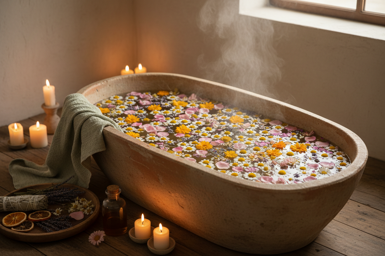 A warm botanical bath prepared with chamomile, lavender, rose and calendula for a restorative body-care ritual.
