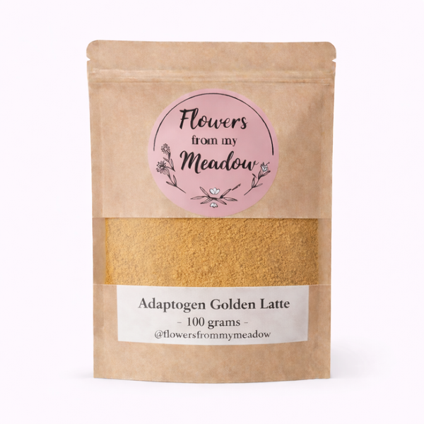 Kraft paper packaging with a pink label for 'Flowers from my Meadow' Adaptogen Golden Latte.