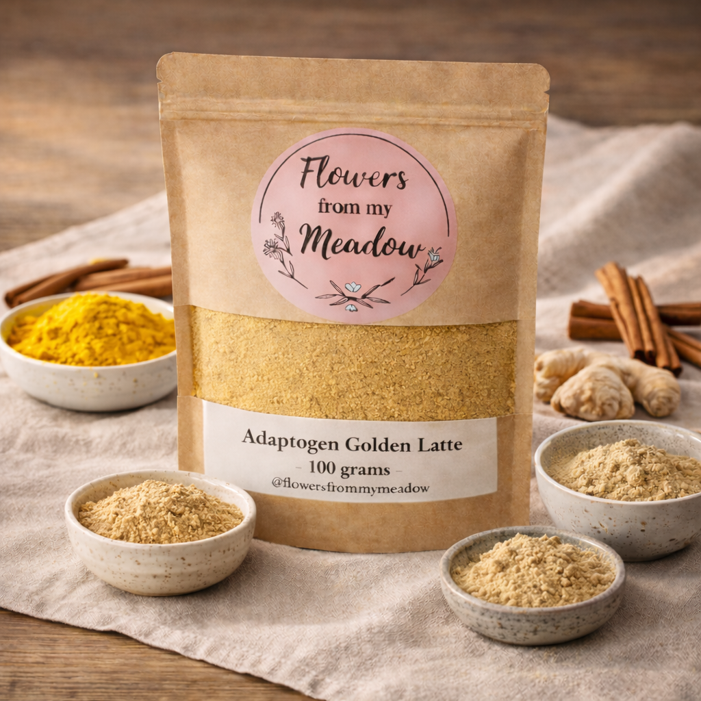 Kraft paper packaging of 'Flowers from my Meadow' Adaptogen Golden Latte with ingredients on a wooden surface.
