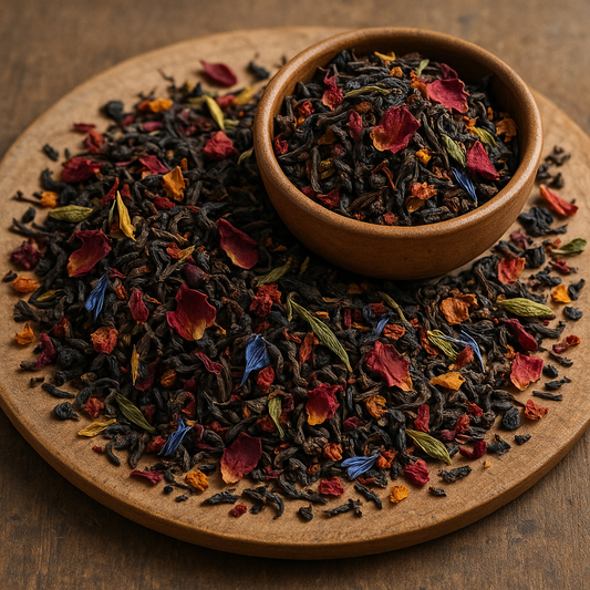 Dried tea leaves with colorful flowers in a wooden bowl on a wooden surface