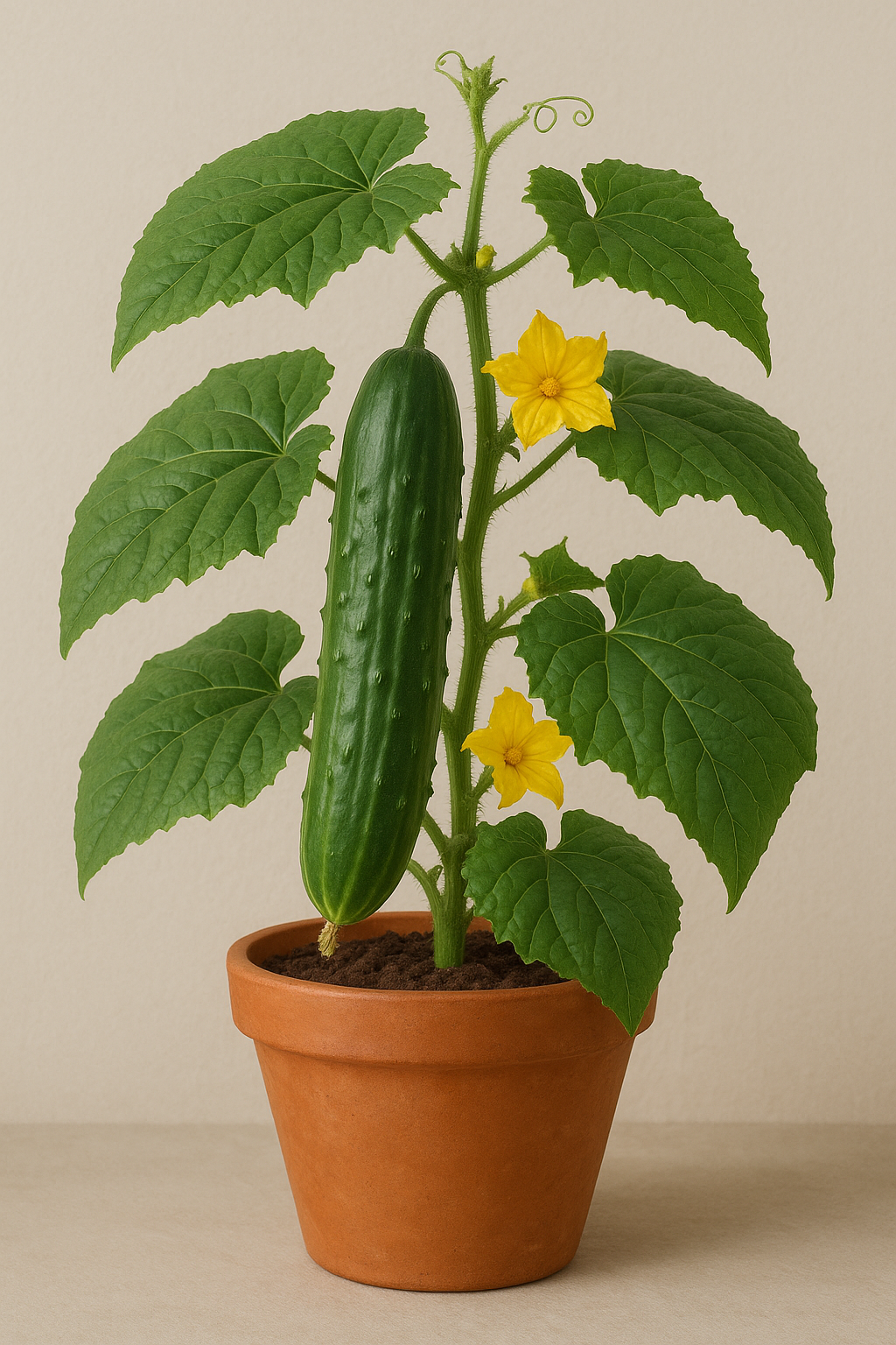 Cucumber plant with a cucumber and yellow flowers in a terracotta pot on a beige background