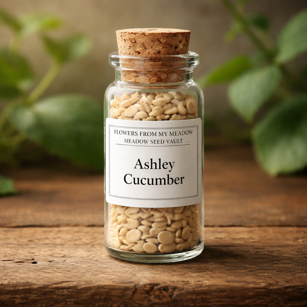 Glass jar with cork lid containing seeds labeled 'Ashley Cucumber' on a wooden surface with plants in the background.