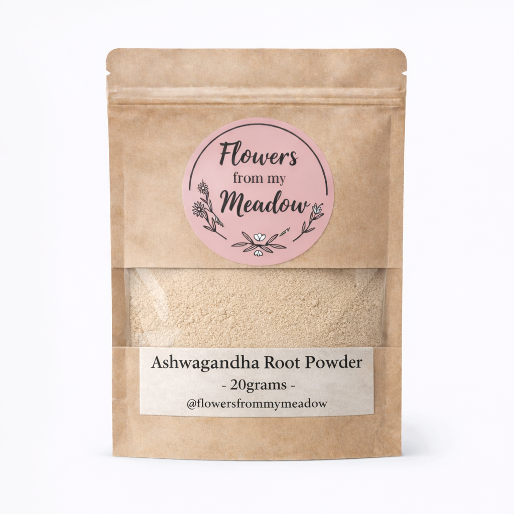 Kraft paper packaging of Ashwagandha Root Powder with a pink label on a white background