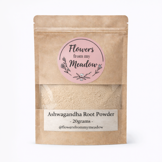 Kraft paper packaging of Ashwagandha Root Powder with a pink label on a white background