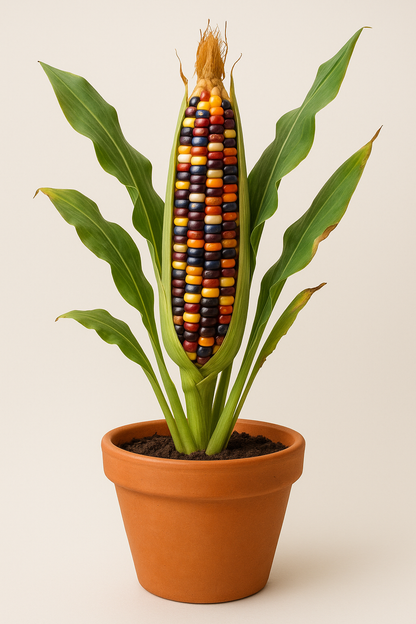 Potted plant with a decorative corn on the cob on a beige background
