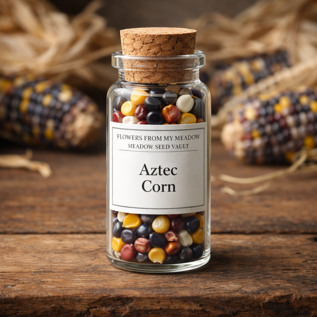 Jar of Aztec Corn seeds with a cork lid on a wooden surface, surrounded by corn cobs.