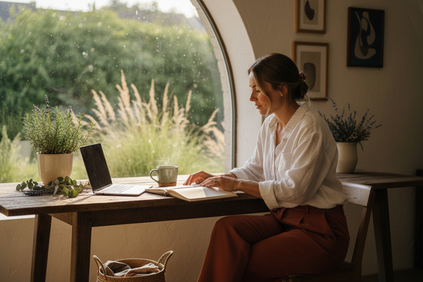 A woman balancing work and wellbeing with herbal tea beside a sunlit window.