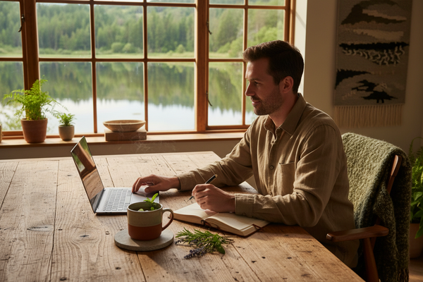 A man working calmly at a wooden desk with herbal tea beside a lake.