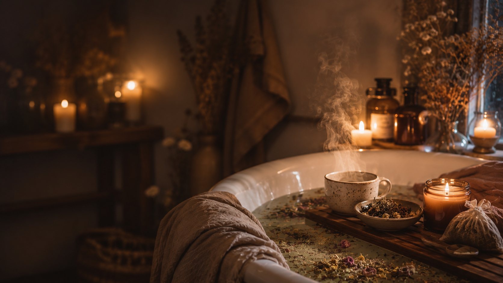 Relaxing bath scene with candles, flowers, and a cup in a dimly lit room.