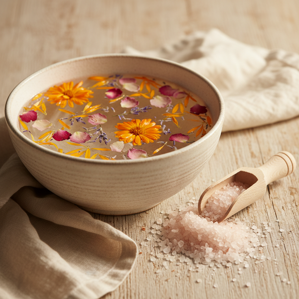 A beige ceramic bowl filled with clear herbal bath water containing orange flowers and petals, set on a light wood surface with a small wooden scoop of pink bath salts and draped linen cloth.