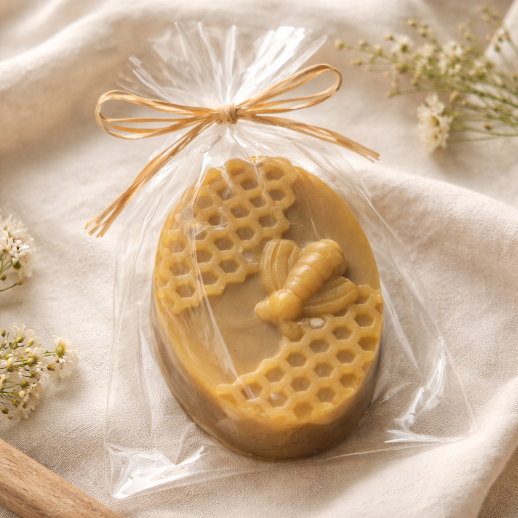 Natural beeswax with honeycomb and bee design, wrapped in cellophane on a light fabric background.