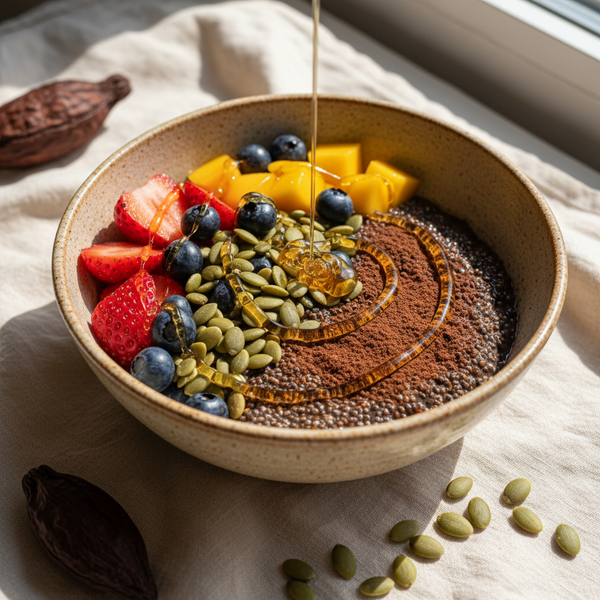 A ceramic breakfast bowl with chia seeds, pumpkin seeds, cocoa, fresh fruit and a drizzle of honey on ivory linen.