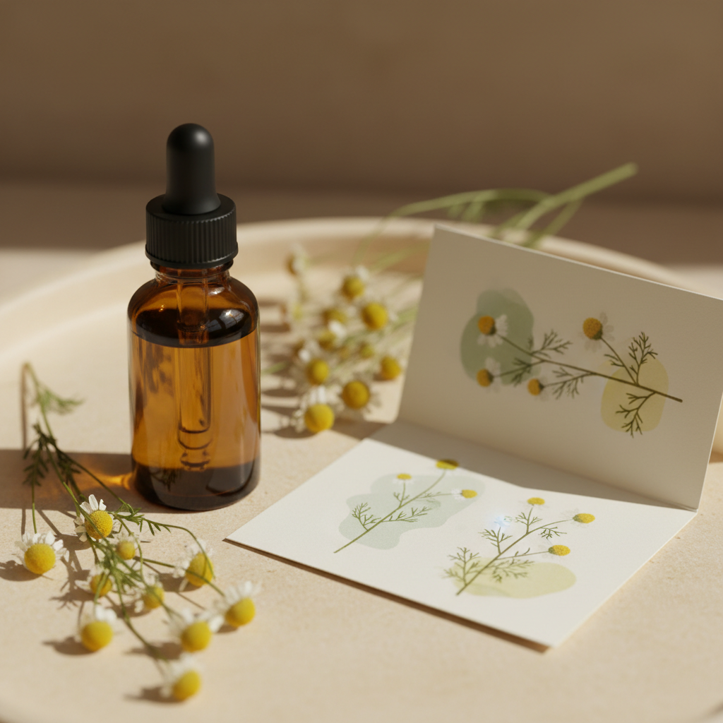 Amber botanical dropper bottle beside an open information card and dried chamomile flowers,