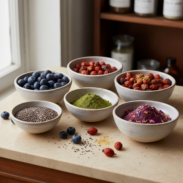 Bilberries, rosehips, chia seeds and colourful botanical powders arranged in small ceramic bowls on a warm ivory surface.