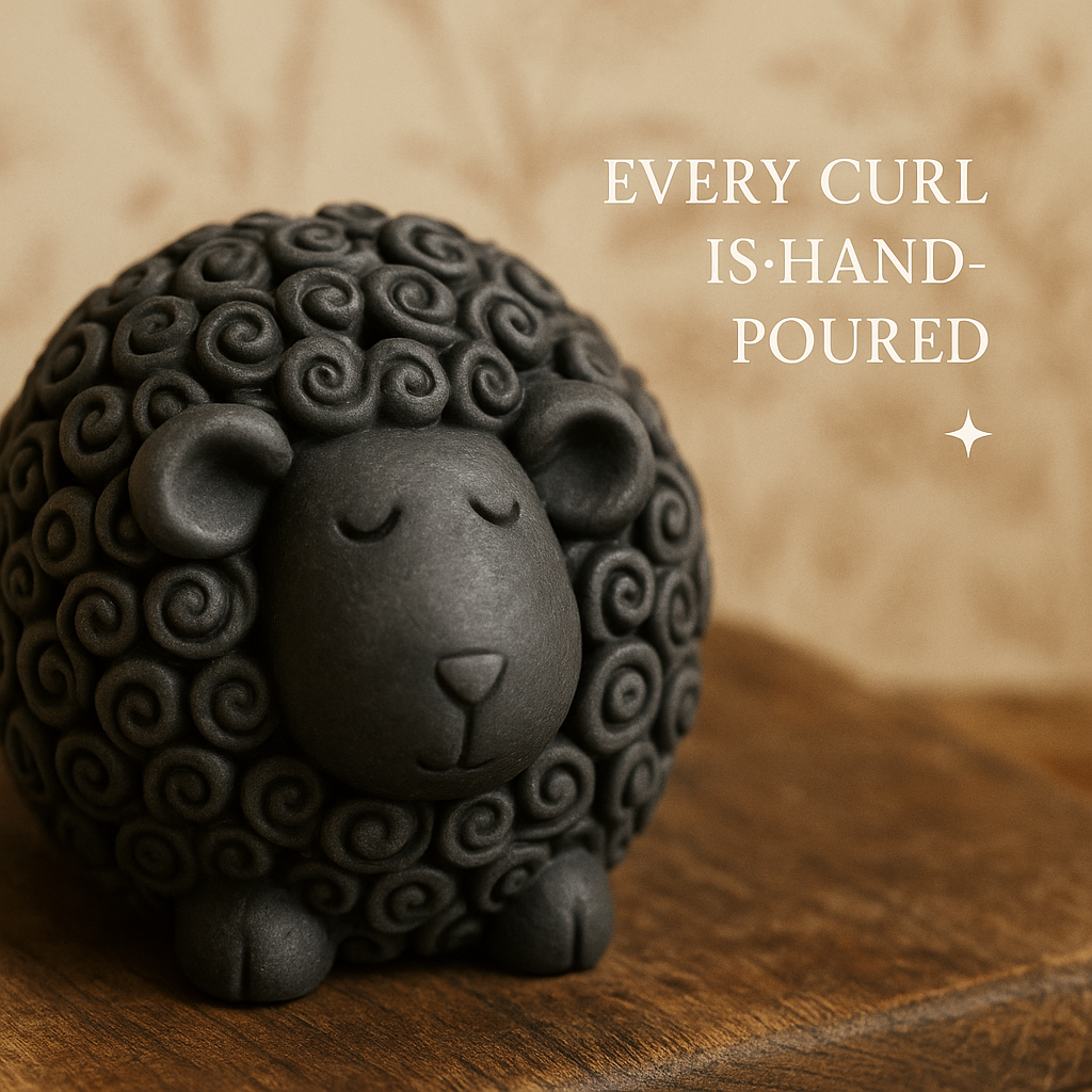 Black sheep-shaped object with 'Every Curl is Hand-Poured' text on a wooden surface