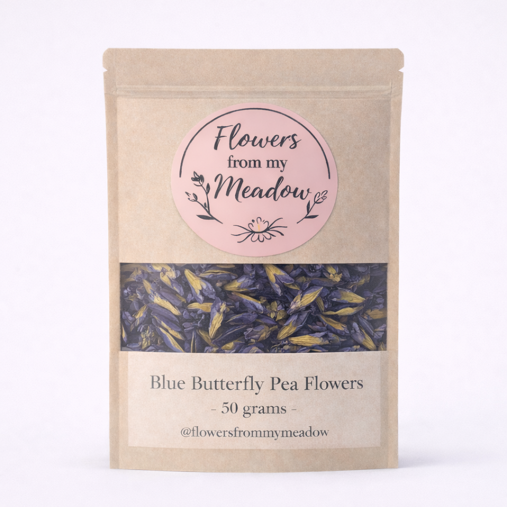 Package of Blue Butterfly Pea Flowers with 'Flowers from my Meadow' label on a white background