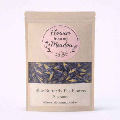 Package of Blue Butterfly Pea Flowers with 'Flowers from my Meadow' label on a white background