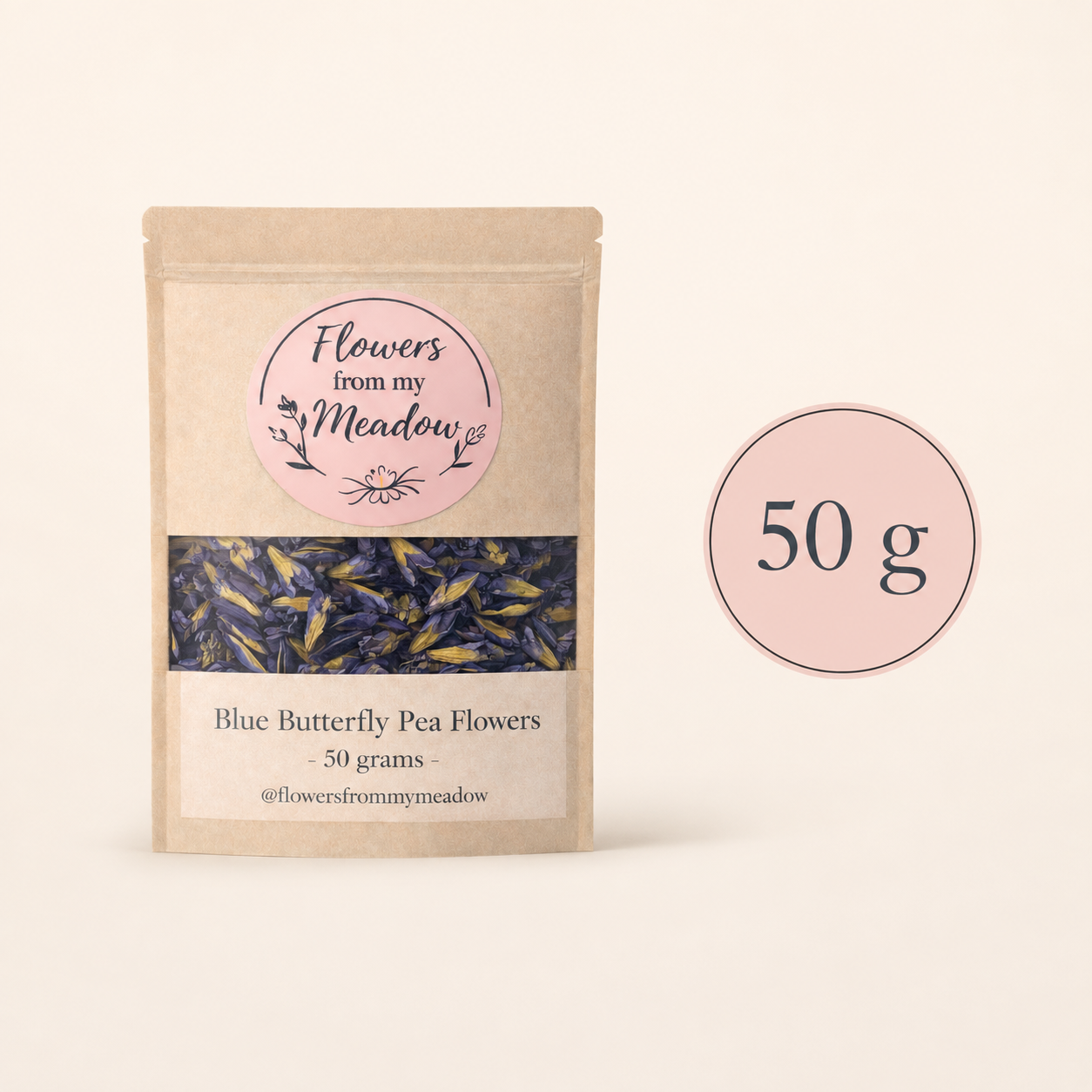 Flowers from my Meadow Blue Butterfly Pea Flowers kraft pouch beside a 50 g quantity graphic.