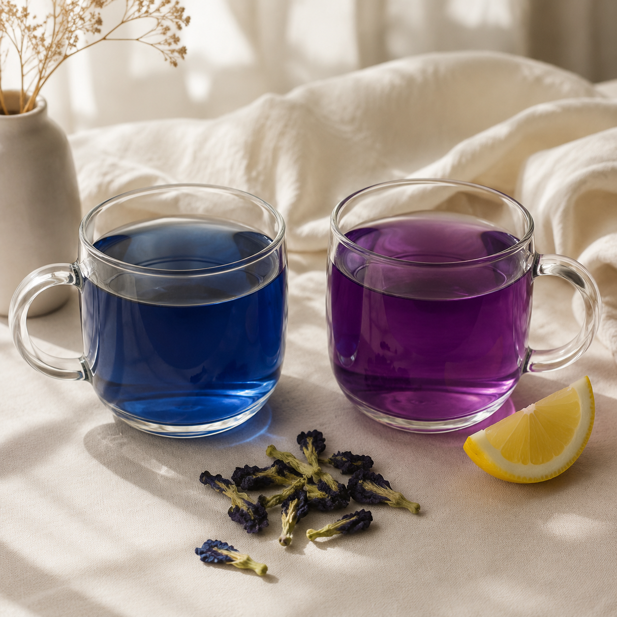 Two clear glass mugs showing blue Butterfly Pea Flower tea before lemon and violet tea after lemon is added.