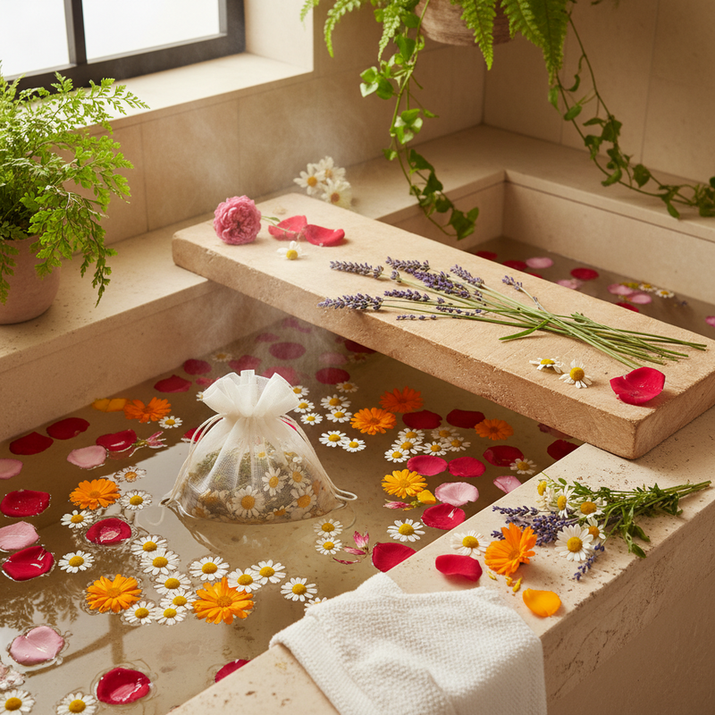 A warm botanical bath with a floating muslin herb bag, rose petals, chamomile, calendula and lavender beside the tub.