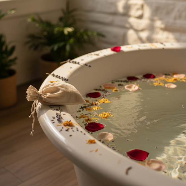 A white ceramic bathtub filled with calm water, decorated with floating flower petals, dried herbs, and a small beige drawstring pouch resting on the rim. The tub is set in a softly lit bathroom with blurred green plants and a statue in the background.