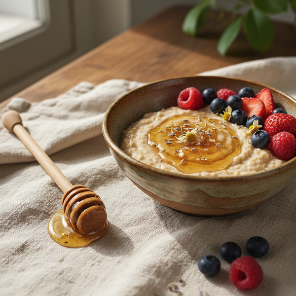 A rustic ceramic bowl filled with creamy oatmeal or porridge, topped with a swirl of honey, fresh blueberries, and raspberries, set on a beige cloth on a wooden table with a honey dipper nearby.