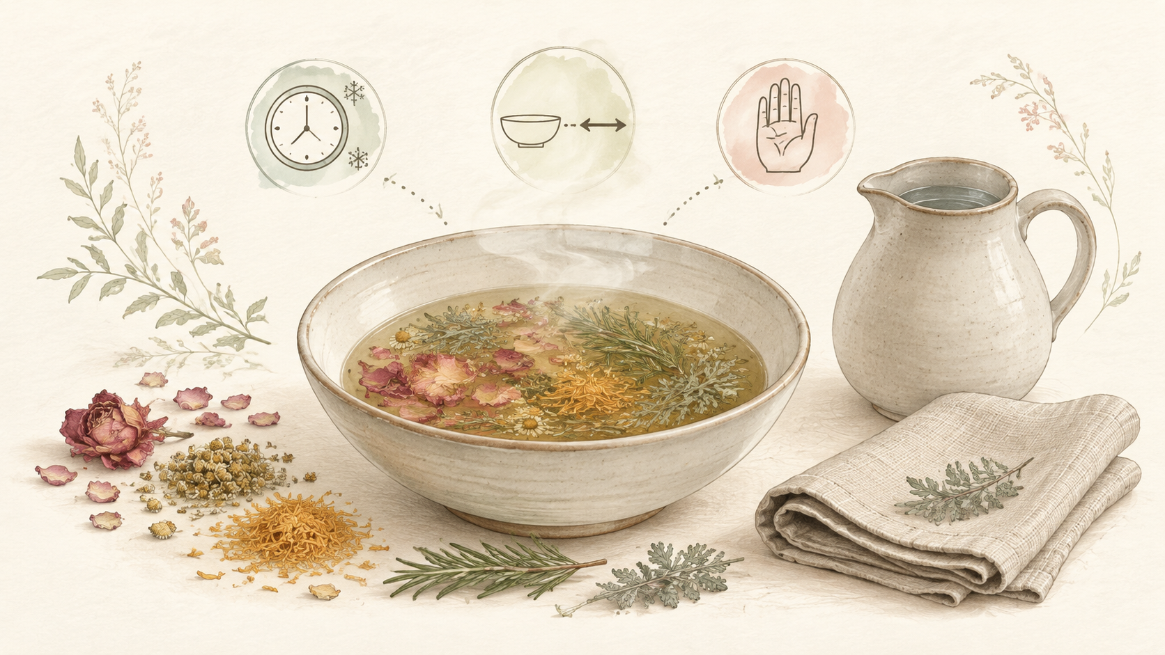 Botanical steaming preparation showing heat-safe bowl with infusion, rising mild steam, jug and folded cloth