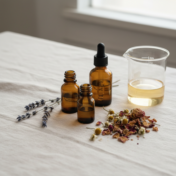 Small amber glass dropper bottles beside dried botanicals and a glass measuring beaker on ivory linen.