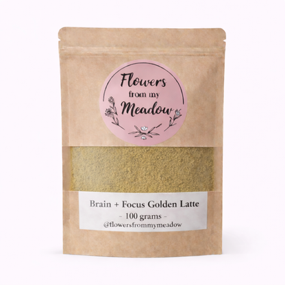 Kraft paper packaging with a Brain and Focus Golden Latte and a pink label for 'Flowers from my Meadow' product on a white background