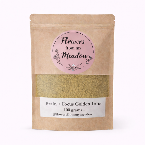 Kraft paper packaging with a Brain and Focus Golden Latte and a pink label for 'Flowers from my Meadow' product on a white background