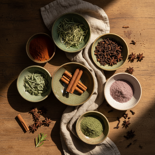 A warm botanical pantry scene with dried rosemary, sage, cinnamon, cloves, star anise and colourful root powders in small ceramic bowls.