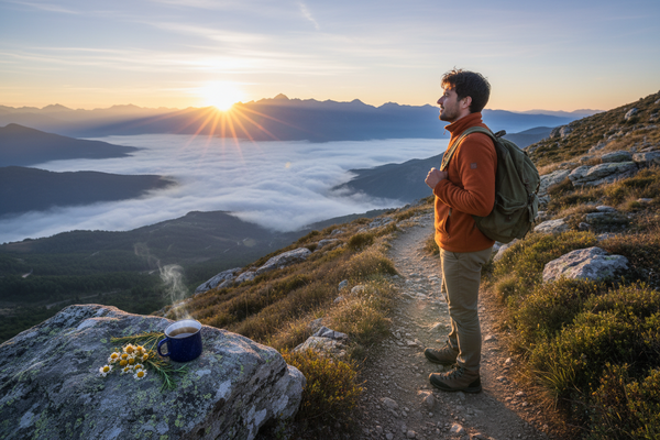 A young man beginning an outdoor wellness journey on a mountain trail at sunrise.