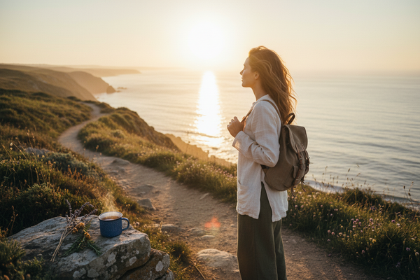 A young woman enjoying a quiet botanical wellness ritual outdoors at sunrise.