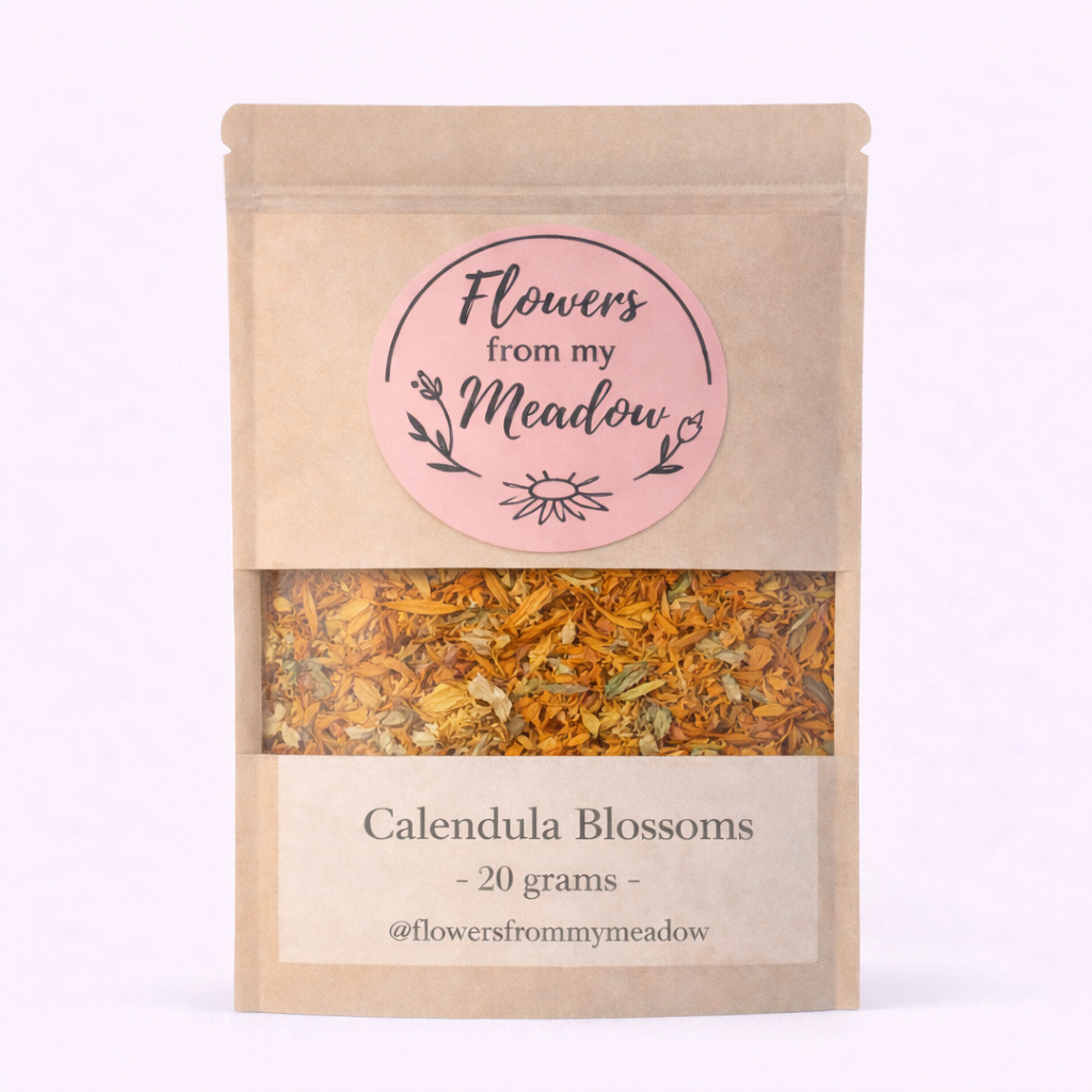 Package of Calendula Blossoms with 'Flowers from my Meadow' label on a white background