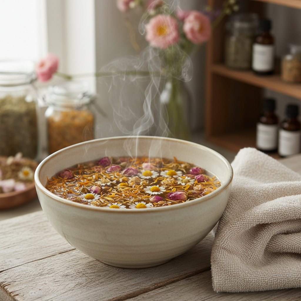 A warm ceramic bowl filled with steaming herbal tea, topped with dried flowers and herbs, set on a rustic wooden table with a folded cloth and blurred jars in the background.
