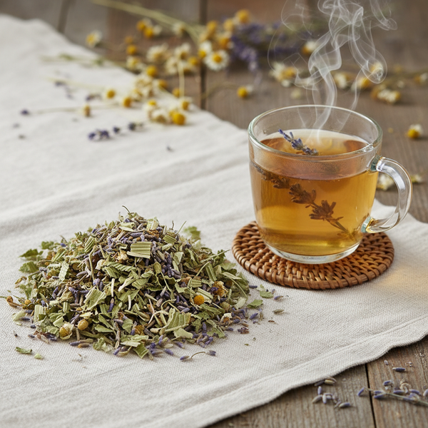 A clear glass mug filled with steaming amber tea sits on a woven coaster beside a pile of loose dried herbs and flowers on a beige cloth over a rustic wooden table.
