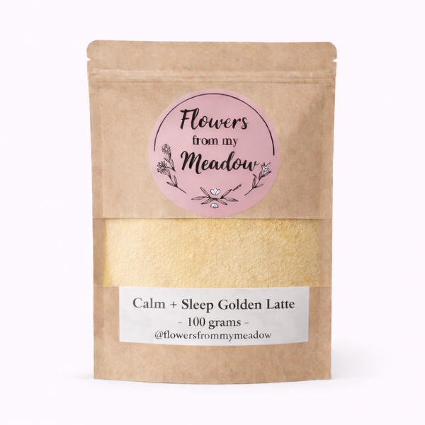 Kraft paper packaging with a pink label for 'Flowers from my Meadow' Calm + Sleep Golden Latte on a white background.