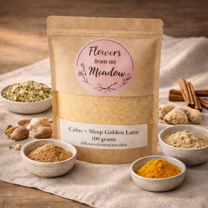 Kraft paper packaging of 'Flowers from my Meadow' Calm + Sleep Golden Latte with ingredients on a wooden surface.