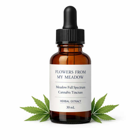 Brown glass tincture bottle with dropper labeled 'Flowers from My Meadow' on a white background.