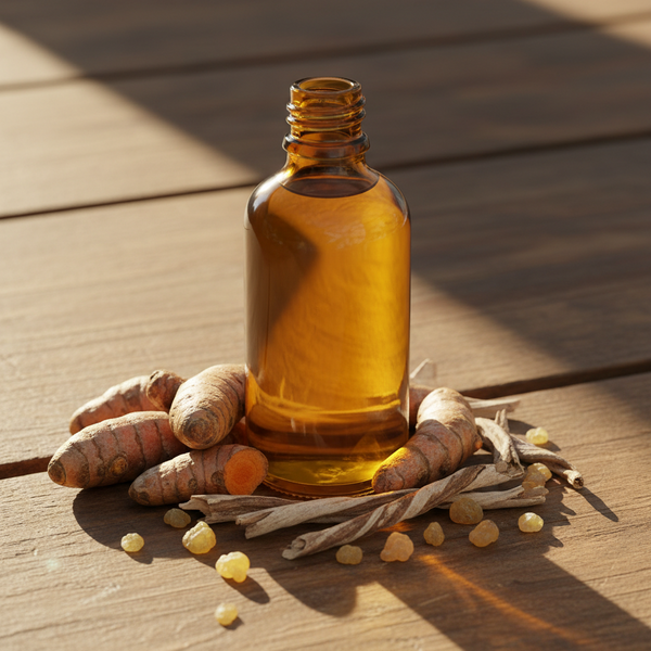 An amber glass bottle filled with golden liquid stands on a wooden surface, surrounded by turmeric roots, dried herbs, and small yellow crystals in warm sunlight.