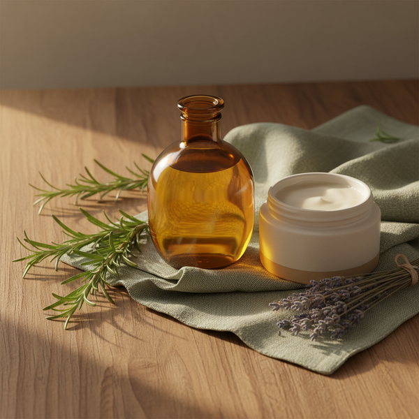 An amber glass bottle and a white cream jar styled on a sage green cloth with rosemary and lavender sprigs on a wooden tabletop.