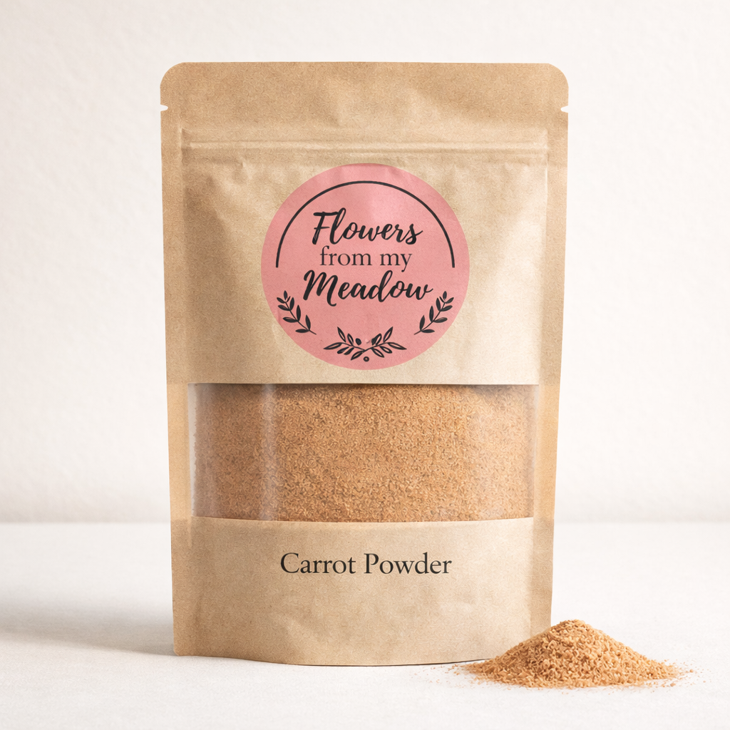 Kraft paper packaging of carrot powder with a pink label on a white background