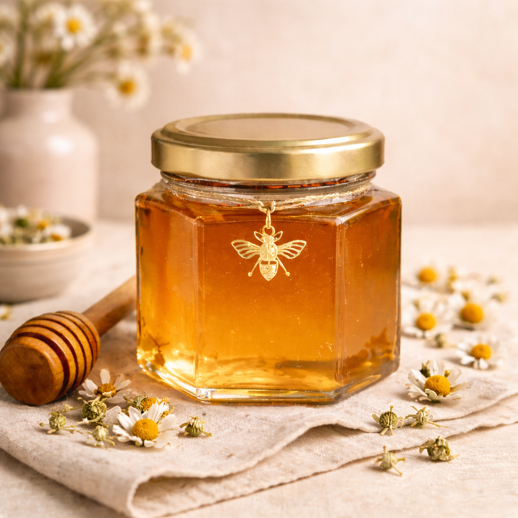 Jar of honey with a wooden honey dipper on a light surface with flowers.