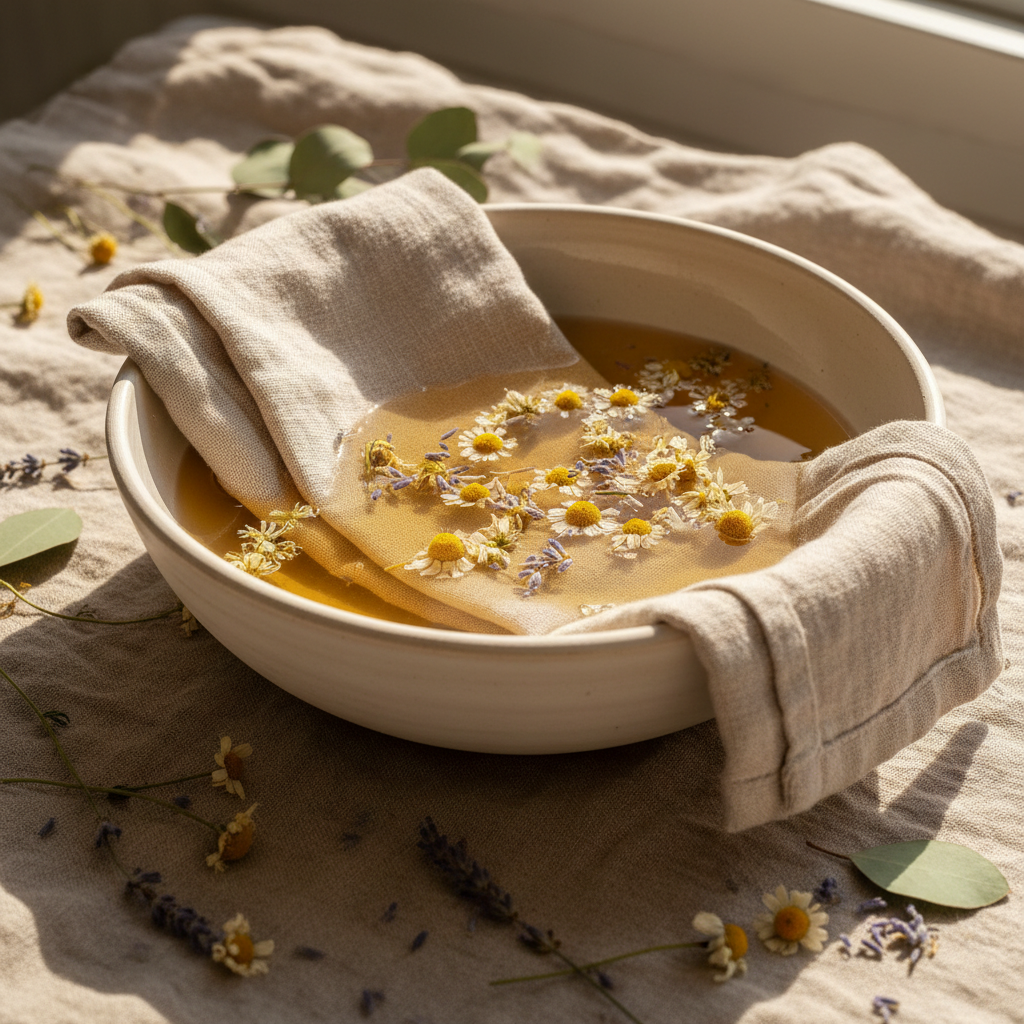 A ceramic bowl filled with a warm golden herbal tea draped with a beige linen towel, set on a textured beige fabric surface with scattered chamomile flowers and green leaves.