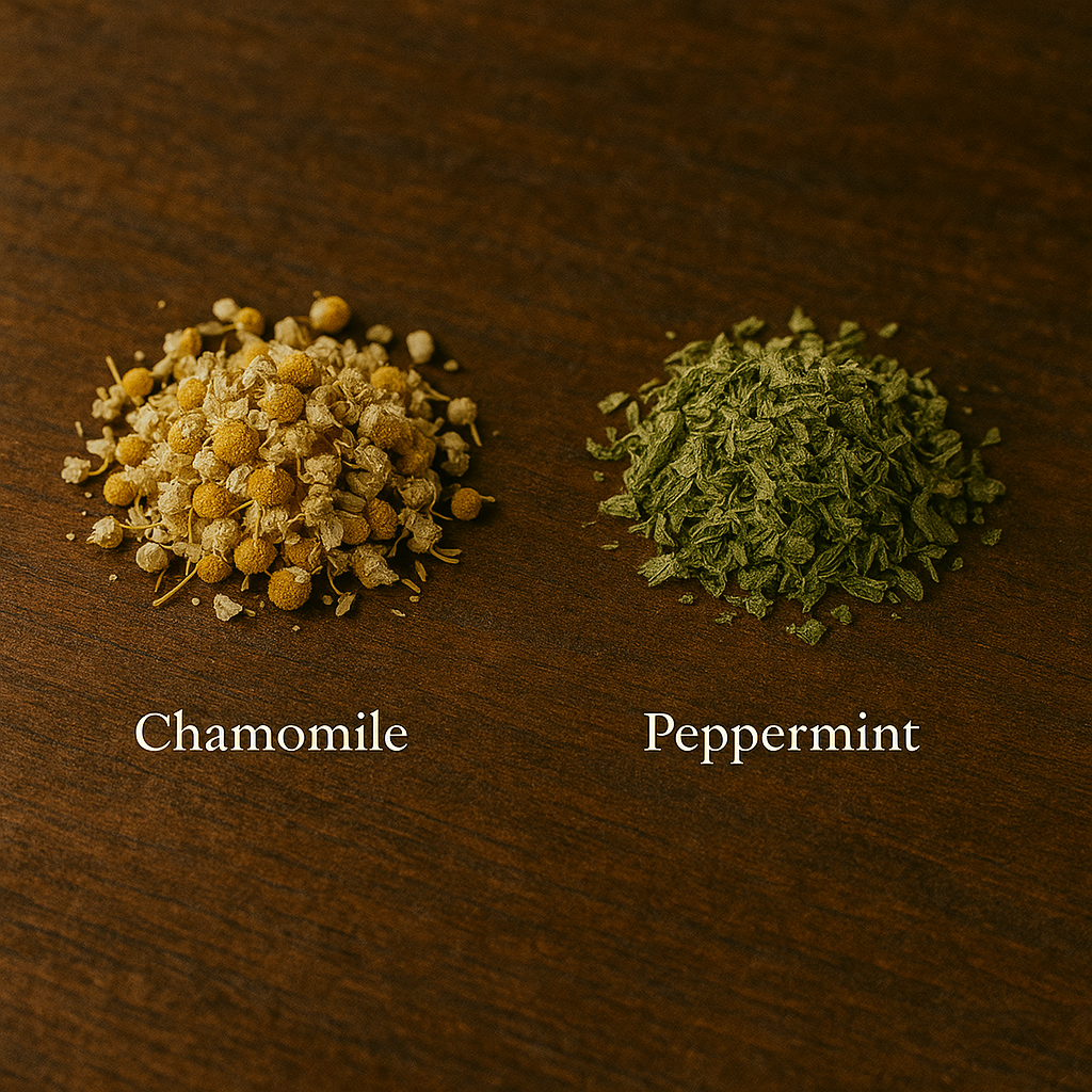 Dried chamomile and peppermint leaves on a wooden surface