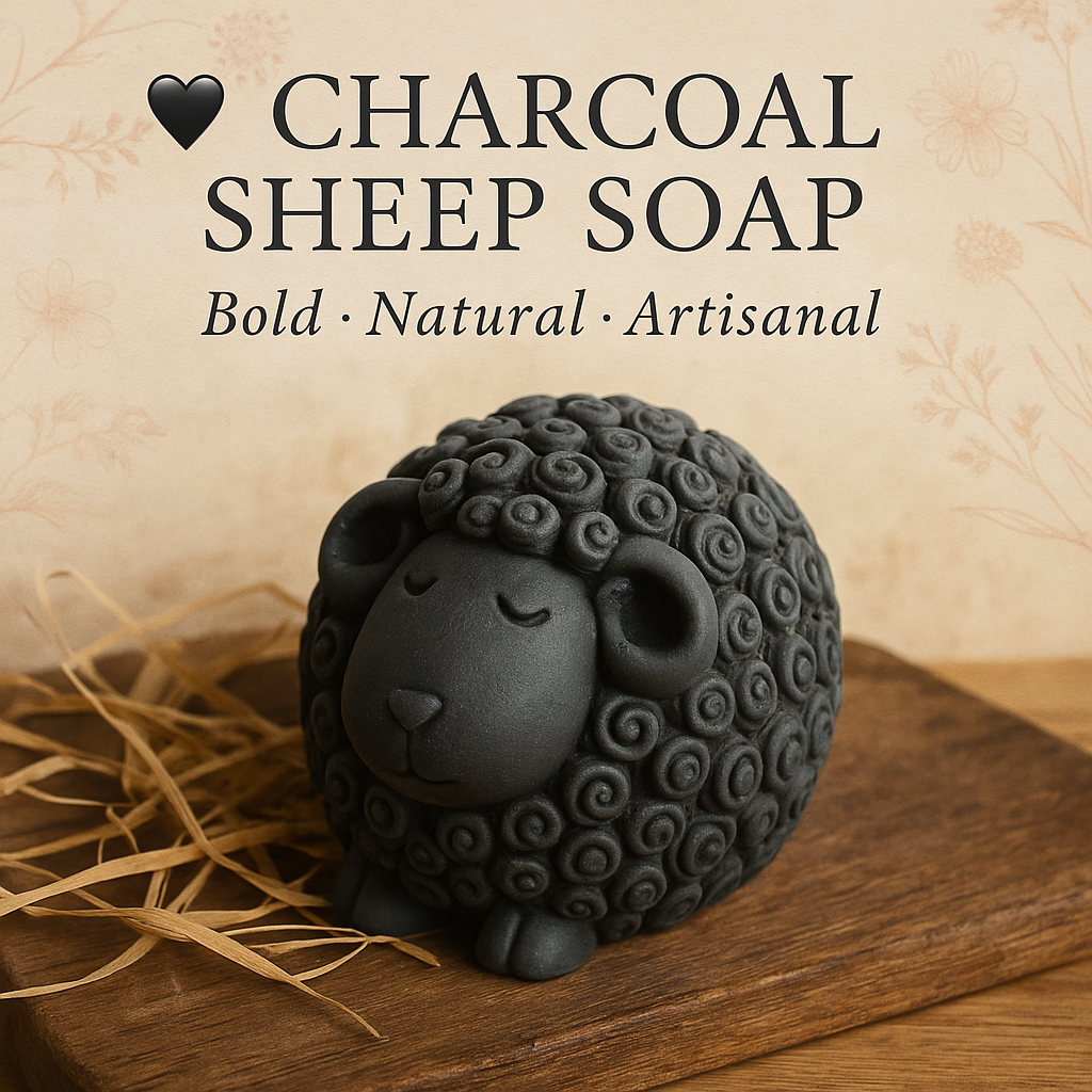 Charcoal sheep soap on a wooden surface with a rustic background