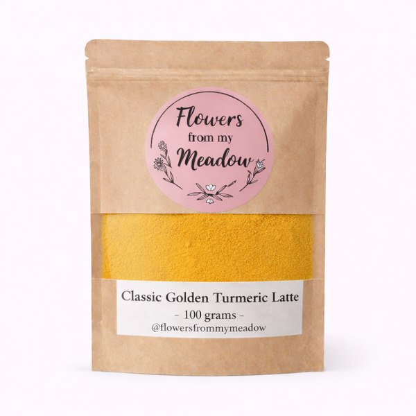 Kraft paper packaging of 'Flowers from my Meadow' Classic Golden Turmeric Latte with a pink label.